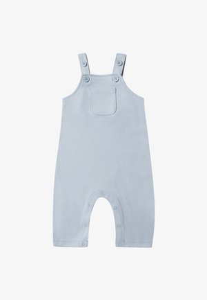 Salopette in cotone azzurro chiaro con bretelle a bottone, una tasca frontale e chiusure a scatto nella parte inferiore per cambi rapidi. Texture liscia.