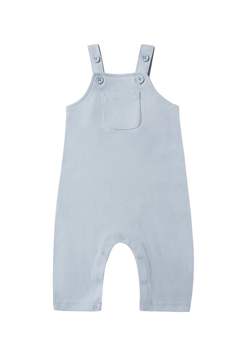 Helle blaue Baumwoll-Overall mit Knopfträgern, einer Fronttasche und Druckknopfverschlüssen am unteren Ende für ein einfaches Wechseln. Glatte Textur.