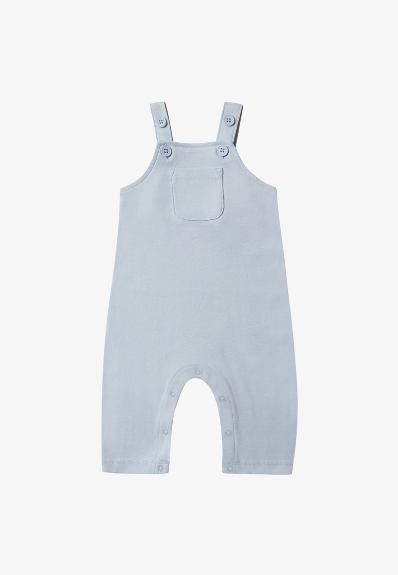 Lichtblauw katoenen overall met knoopbanden, een voorzak en drukknoopsluitingen onderaan voor gemakkelijk verschonen. Soepele textuur.