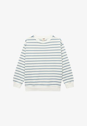 Witte sweatshirt met blauwe horizontale strepen, geribde ronde hals, manchetten en zoom. Zachte textuur geschikt voor casual draag. Opvallend "KIDS" label.