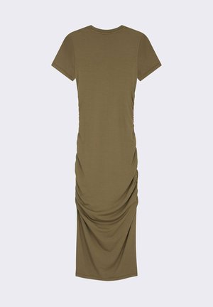 Olijfgroen, jurk met korte mouwen en een ronde halslijn, met gathered zijdetails. Gemaakt van een zachte, rekbare stof voor comfort.