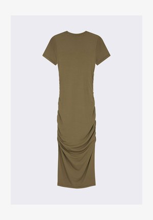 Olijfgroen, jurk met korte mouwen en een ronde halslijn, met gathered zijdetails. Gemaakt van een zachte, rekbare stof voor comfort.