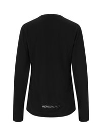 Schwarzes Langarmshirt mit rundem Ausschnitt, glatter Textur und einem reflektierenden Streifen am Saum. Keine sichtbaren Logos oder Muster.