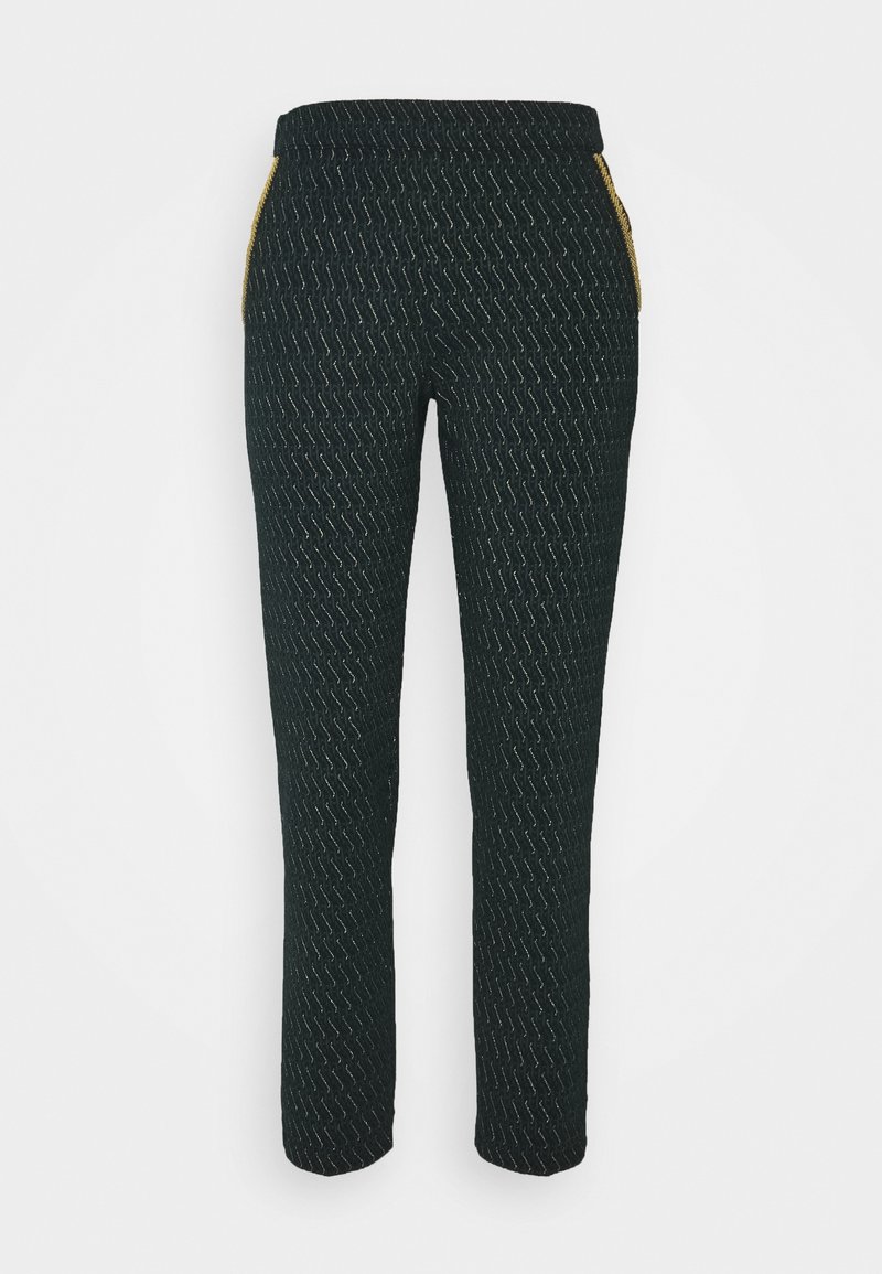 Schwarze gemusterte Hose mit strukturierter Oberfläche, schlanker Schnitt, elastischem Bund und kontrastierenden goldenen Reißverschlussakzenten.