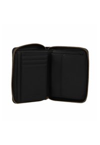 Portafoglio in pelle nera con chiusura a zip, dotato di scomparti per carte, un comparto per contanti e una texture liscia. Accenti in ottone dorato sulla zip.