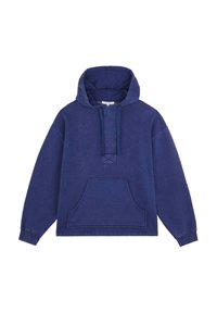 Marineblauwe hoodie van zacht materiaal, met een voorzak, verstelbare trekkoordcapuchon en een casual oversized pasvorm.