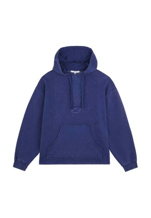 Hoodie blu navy realizzato in tessuto morbido, con tasca frontale, cappuccio regolabile con cordino e vestibilità casual over-size.