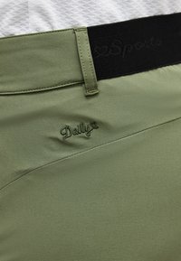 Κοντινό πλάνο ελιάς πράσινου αθλητικού παντελονιού με μαύρη μέση, με κεντημένες λέξεις "Daily" και μερικώς ορατό "Sports."