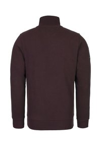 Dark brown sweater with a high collar, long sleeves, and ribbed cuffs. Features a textured fabric and a small logo on the shoulder.