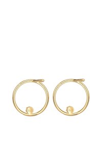 Goldfarbene, kreisförmige Ohrstecker mit einer glatten Oberfläche, ausgestattet mit einem sicheren Verschluss und einem kleinen "925"-Markierung, die den Silbergehalt anzeigt.