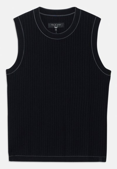 Čierny top bez rukávov vyrobený z rebrovanej látky, s okrúhlym výstrihom a čistým lemom. Diskrétne kontrastné obšitie pozdĺž výstrihu.