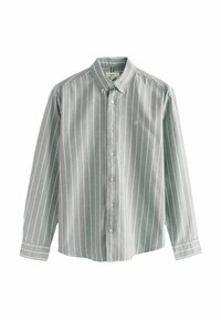 Langærmet button-up skjorte i lysegrå stof med hvide lodrette striber, en spidse krave og et enkelt brystlogo.