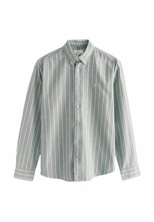 Cămașă cu mânecă lungă, cu nasturi, dintr-un material gri deschis, având dungi verticale albe, guler ascuțit și un singur logo pe piept.