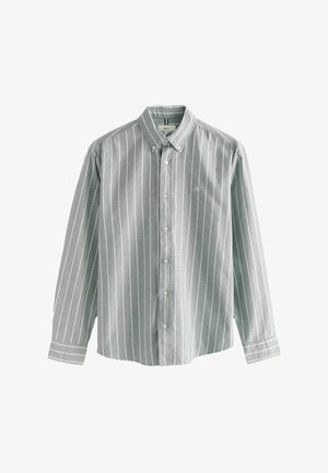 Cămașă cu mânecă lungă, cu nasturi, dintr-un material gri deschis, având dungi verticale albe, guler ascuțit și un singur logo pe piept.