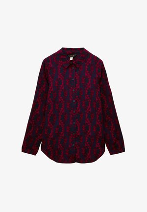 Camicia a maniche lunghe con un motivo floreale bordeaux e blu navy, chiusura con bottoni e colletto classico, realizzata in un morbido cotone.