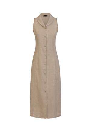 Mouwloze beige linnen midi-jurk met knopen aan de voorkant, rafelige armgaten en zoom, en een brede ronde kraag.