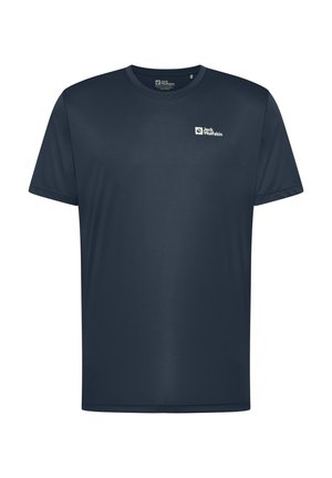 T-shirt à manches courtes bleu marine en tissu lisse. Présente un petit logo blanc sur la partie supérieure gauche de la poitrine. Design classique à col rond.