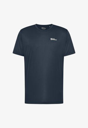 T-shirt à manches courtes bleu marine en tissu lisse. Présente un petit logo blanc sur la partie supérieure gauche de la poitrine. Design classique à col rond.