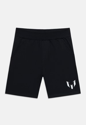 Zwarte sportshorts met elastische tailleband, zijzakken en een wit gestileerd logo op het onderste rechterbeen.