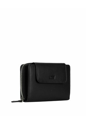 Schwarze Lederbrieftasche mit Reißverschlussfach und vorderer Klappentasche vor weißem Hintergrund.