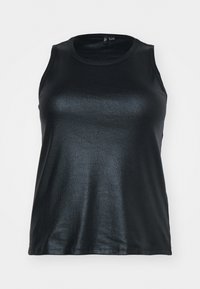 Sort ærmeløs tanktop lavet af skinnende, ribbet stof med rundt halsudskæring og lige kant. Enkel design uden mønstre eller accenter.