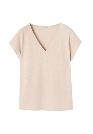Light beige short-sleeve V-neck t-shirt made of soft fabric with a slightly textured finish, featuring a relaxed fit and no embellishments.