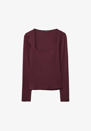 Burgundy långärmad topp med fyrkantig halsringning, tillverkad av mjukt tyg, med en avslappnad passform och utan synliga mönster eller detaljer.
