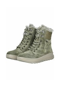 Zelené nubukové kotníkové boty s umělou kožešinou, kulatou špičkou, šněrovacím designem a texturovanou gumovou podrážkou s mírným podpatkem.