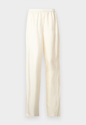 Pantaloni color crema a gamba dritta con vita elastica, realizzati in tessuto leggero, mostrati su uno sfondo chiaro uniforme.