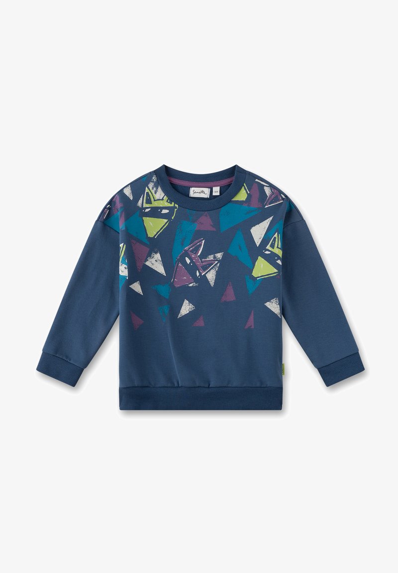 Blaues Sweatshirt mit langen Ärmeln, ausgestattet mit einem geometrischen Muster in Grün und Lila. Hergestellt aus weichem Stoff mit gerippten Bündchen und Saum.
