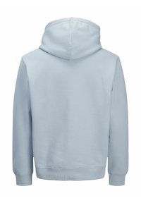 Vaaleansininen huppari, jossa on vuorattu huppu, pitkät hihat sekä resorit hihoissa ja helmassa. Kangas näyttää pehmeältä ja sileäpintaiselta.