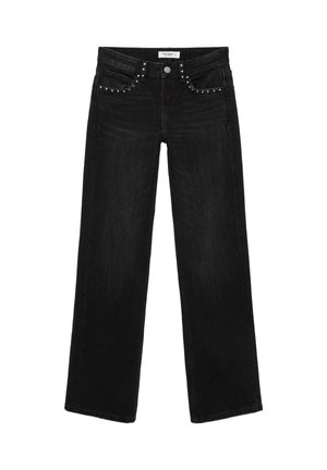 Čierne džínsy rovného strihu s prednými vreckami zdobenými malými striebornými cvokmi a zapínaním na gombík.