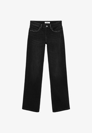 Zwarte jeans met rechte pijpen, voorzakken versierd met kleine zilveren studs en een knoopsluiting.