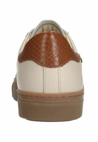 White sneaker with a textured brown faux snake pattern at the heel, grey lining, and a low-profile tan sole. Smooth surface overall.