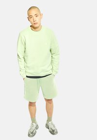 Lichtgroene sweatshirt met een klein wit logo en bijpassende shorts. Grijze sneakers en sokken maken de outfit compleet. Glad stoftextuur.