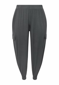 Mörkgrå, lätta byxor med elastisk midja, smalnande ben och två sidofickor. Mjuk textur och avslappnad design.