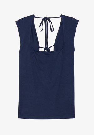 Námorníckom modrý top bez rukávov s hlbokým výstrihom, naGatherovaným predným dielom a viazaným chrbtom. Vyrobený z mäkkej látky s hladkou textúrou.
