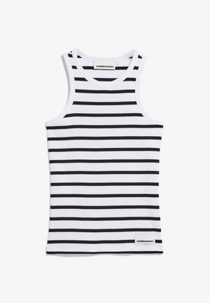 Wit tanktop met zwarte horizontale strepen, gemaakt van ribbelstof. Heeft een ronde halslijn en een klein label aan de onderkant.