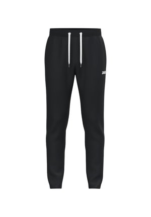 Sorte slim-fit joggingbukser med hvide snore og lille hvidt logo på det øvre lår, vist på hvid baggrund.