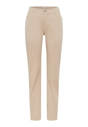 Beige Stoffhosen aus Baumwolle mit geradem Schnitt, ausgestattet mit vorderen Taschen und einem einzelnen Knopfverschluss an der Taille.