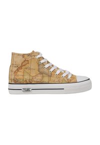 Sneakers alte con stampa a mappa in tonalità beige, lacci bianchi e accenti neri sulla suola. Caratterizzano una classica punta rotonda e una tomaia texturizzata.