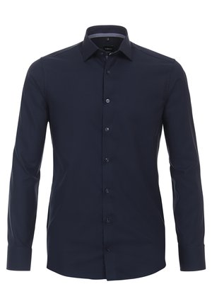 Marineblaue Knopfblechbluse mit Kragen, langen Ärmeln und glatter Textur. Die Vorderseite ist mit passenden Knöpfen ausgestattet und hat einen leicht geschwungenen Saum.