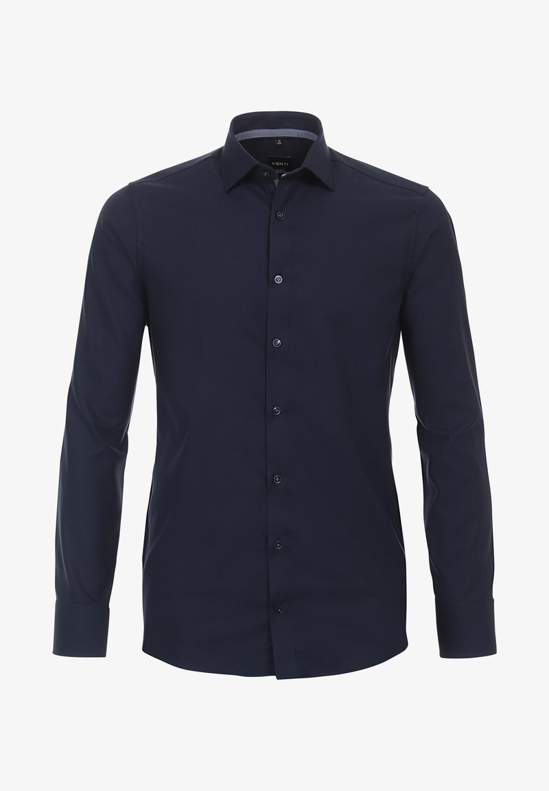 Marineblauw overhemd met knopen, voorzien van een kraag, lange mouwen en een gladde textuur. Aan de voorkant zijn bijpassende knopen te zien en de onderrand is iets gebogen.