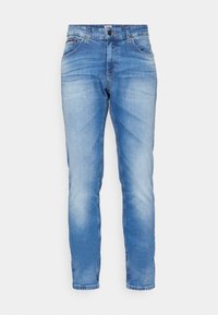 Jeans in denim azzurro chiaro con design aderente, caratterizzati da cinque tasche e chiusura con bottone. Il tessuto mostra un leggero scolorimento per un aspetto casual.
