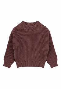 Brun stickad tröja med hög, ribbad krage. Har vida ärmar och ett strukturerat mönster över kroppen och muddar.