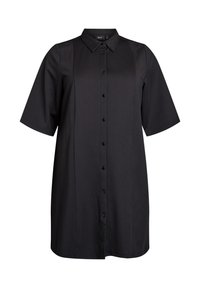 Korte zwarte shirtjurk met een kraag, korte mouwen en een knopenovereenkomst, met strakke lijnen en een relaxte pasvorm.