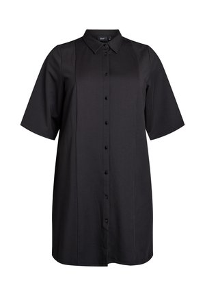 Korte zwarte shirtjurk met een kraag, korte mouwen en een knopenovereenkomst, met strakke lijnen en een relaxte pasvorm.