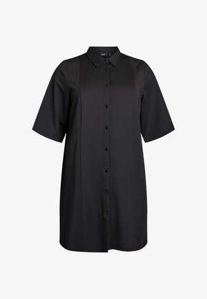 Vestito camicia nero corto con colletto, maniche corte e chiusura a bottoni, caratterizzato da linee pulite e una vestibilità comoda.