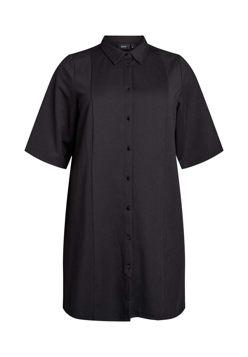 Korte zwarte shirtjurk met een kraag, korte mouwen en een knopenovereenkomst, met strakke lijnen en een relaxte pasvorm.