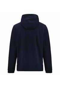 Felpa blu navy con cappuccio regolabile, maniche lunghe e polsini a costine. Tessuto liscio, design semplice senza fantasie o accenti.